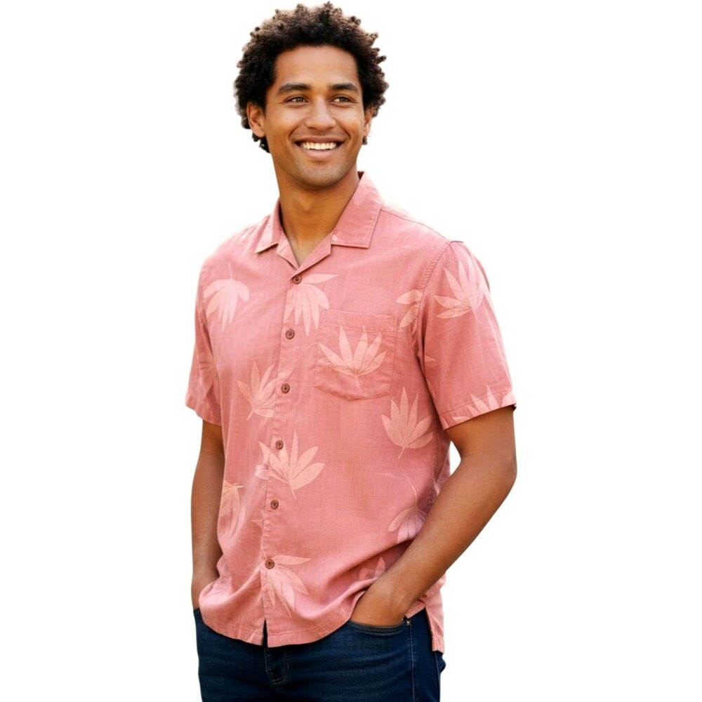 Tommy Bahama Pink Silk Leaf Print Shirt Mens Medium Short Sleeve Resort